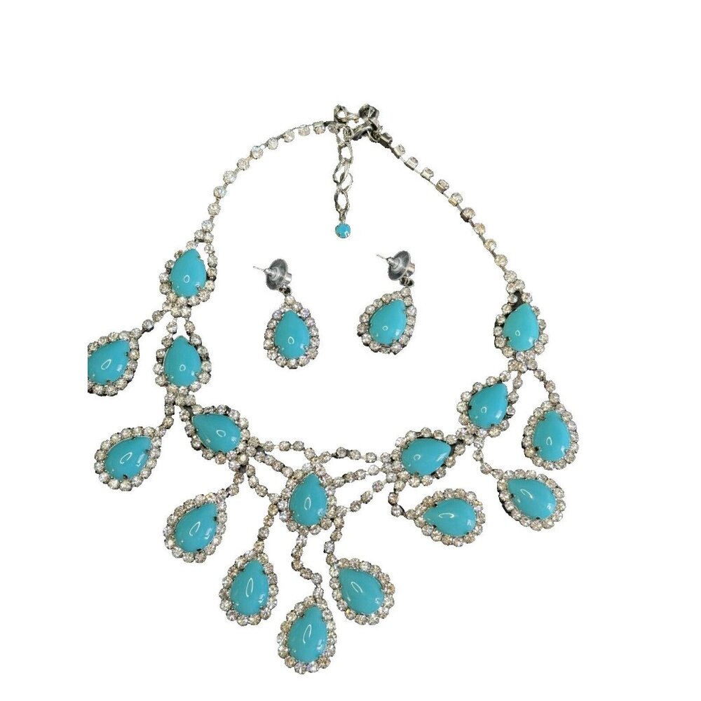 Southwestern Blue Turquoise Jeweled Bib Necklace and Matching Earrings - Picture 3 of 8
